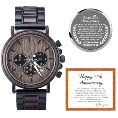 Imagem de Threehoney Presente de aniversário para homens, lembrança de aniversário de casamento para marido, relógio de madeira gravado para namorado (25 anos)