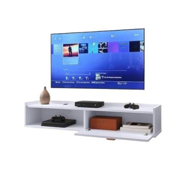 Imagem de Rack Suspenso Home Tv 32 42 50" 1 Porta Puxador Concha Decoração Sala Estar Quarto Pequeno(Decor - Branco)