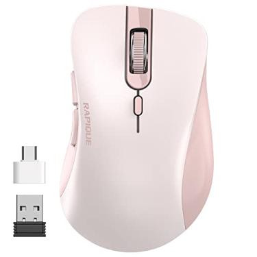 Imagem de RAPIQUE Mouse sem fio, mouse de computador silencioso de 2,4 G com receptor USB e adaptador tipo C, mouse óptico portátil sem fio para laptop, PC, desktop, MacBook, 3 níveis de ajuste DPI (rosa)