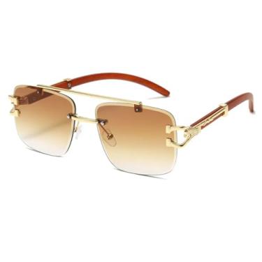 Imagem de Óculos de Sol Retangulares Sem Aro com Armação de Metal, Lentes Grandes Degradê para Viagem, Unissex (Marrom)