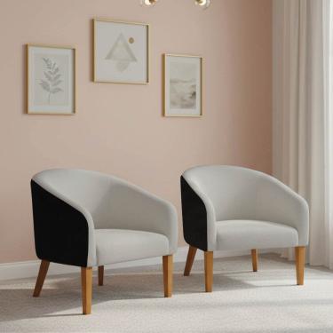 Imagem de Poltrona Sala Kit 2 Stella Pé Madeira Trapézio Sintético PU Preto Bouclê Cinza D03 - D'Rossi