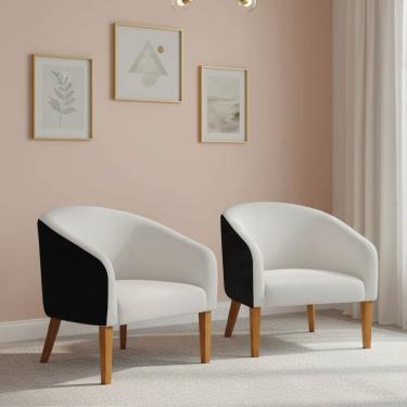 Imagem de Poltrona Sala Kit 2 Stella Pé Madeira Trapézio Sintético PU Preto Bouclê Off White D03 - D'Rossi