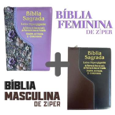 Imagem de KIT Bíblias com Harpa de Zíper Casal Cristão Letra Hiper gigante e Índ