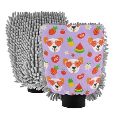 Imagem de ODAWA 2PK Luvas de carro de chenille absorventes sem arranhões para lavar, rostos de cachorro fofos, frutas, M 19 x 26 cm