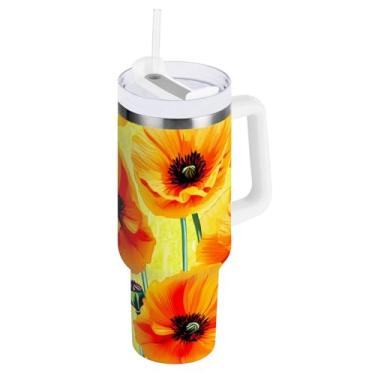 Imagem de ODAWA Copo grande de flores de papoula amarelo isolado de aço inoxidável com alça e tampa de canudo copo com isolamento de queda