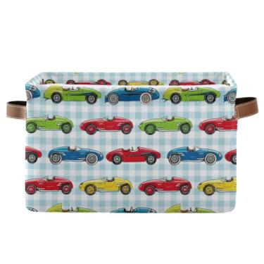 Imagem de Cestas de lona com alças – caixas de armazenamento retangulares dobráveis dobráveis de 36 cm x 26 cm para prateleiras, home office vintage, carros de corrida, xadrez, 1 pacote
