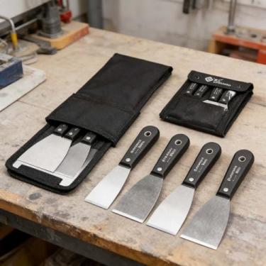 Imagem de Conjunto de 4 facas de massa de aço de alto carbono, ferramentas de drywall de alto tamanho múltiplo, ferramentas resistentes à ferrugem de aderência confortável para reparo e limpeza de paredes