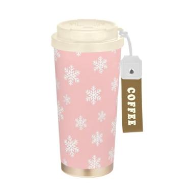 Imagem de TSENQUE Copo de café de Natal com flocos de neve rosa, 473 ml com canudo e tampa, copo de parede dupla isolado a vácuo com revestimento cerâmico para escola, escritório, festa, acampamento