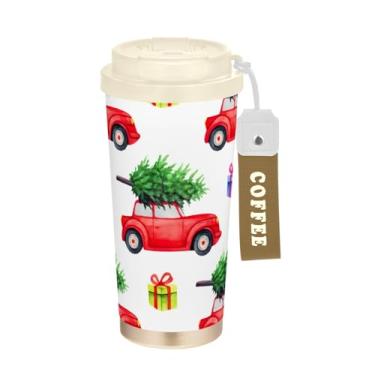 Imagem de Copo de café de 473 ml, copo de café de viagem com revestimento cerâmico com canudo e tampa, copo isolado a vácuo de aço inoxidável, carros vintage vermelhos árvores de Natal