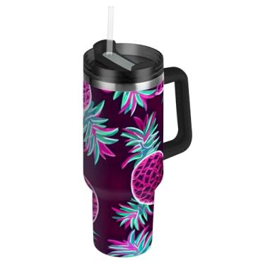 Imagem de Copos de abacaxi neon verde rosa com tampas e canudos Copo rosa com alça Garrafas de água isoladas de 1,134 g Caneca de café quente de aço inoxidável para carro