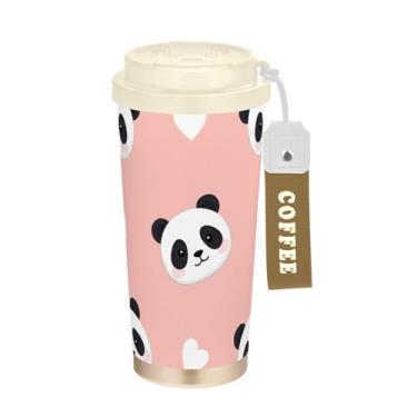 Imagem de TSENQUE Caneca de café rosa com corações brancos panda fofa, 40 ml com canudo e tampa, copo de parede dupla isolado a vácuo com revestimento cerâmico para escola, escritório, festa, acampamento
