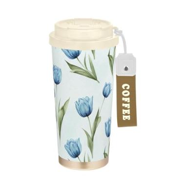 Imagem de TSENQUE Caneca de café azul tulipas floral, branca, para viagem, 40 ml com canudo e tampa de enchimento, copo de parede dupla isolado a vácuo com revestimento cerâmico para escola, escritório, festa