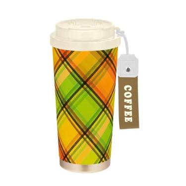 Imagem de TSENQUE Copo de café de viagem de 473 ml com revestimento cerâmico, copo de café de viagem de aço inoxidável com canudo e tampa de enchimento, copo isolado a vácuo, listrado preto xadrez amarelo