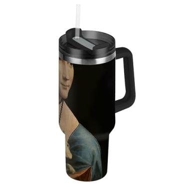Imagem de Joisal Copos de aço inoxidável com tampas e canudos Leonardo da Vinci Lady with Ermine Cars Caneca de café quente à prova de derramamento de 850 g copo com alça garrafa de água isolada
