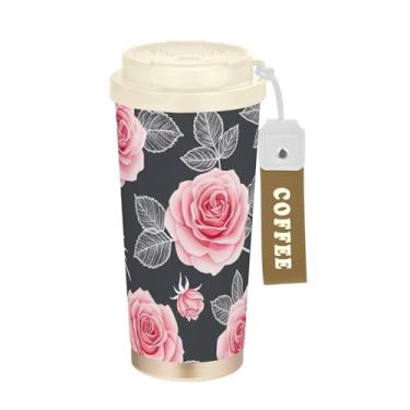 Imagem de TSENQUE Rosa rosa cinza, caneca de café de viagem 41 onças com canudo e tampa, copos de parede dupla isolados a vácuo com revestimento cerâmico para escola, escritório, festa, acampamento