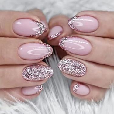 Imagem de 24 peças de unhas postiças de pressão, bastão brilhante em unhas postiças com design de cobertura completa com cola para mulheres