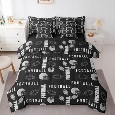 Imagem de jejeloiu Jogo de cama solteiro de futebol americano em Las Vegas com edredom para crianças, meninos, meninas, futebol americano, cidade, 7 peças, preto, cinza, respirável, macio, para decoração de