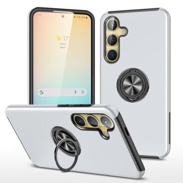 Imagem de Yarxiawin Capa de telefone para Samsung A56 5G com suporte de anel magnético girado em 360°, capa preta resistente para Samsung Galaxy A56 5G, armadura robusta à prova de choque (prata)