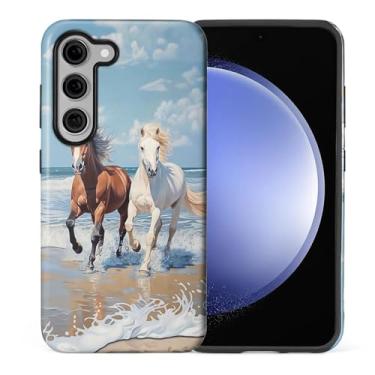 Imagem de CARLOCA Compatível com Samsung Galaxy S24 FE Capa protetora de corpo inteiro brilhante para meninas meninos à prova de choque estampa estética marrom branco cavalo praia céu oceano