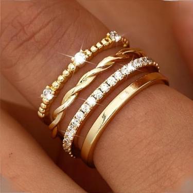 Imagem de Anéis de ouro para mulheres que não mancham zircônia cúbica anéis empilháveis para mulheres delicados anéis banhados a ouro 14K conjunto de alianças de casamento para mulheres joias de ouro, Latão