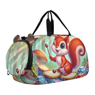 Imagem de Bolsa esportiva de Natal para meninas Highland Cow, bolsa de viagem para fim de semana, compartimento para sapatos noturnos, bolsa esportiva para meninos, Floresta de esquilos de desenho fofo