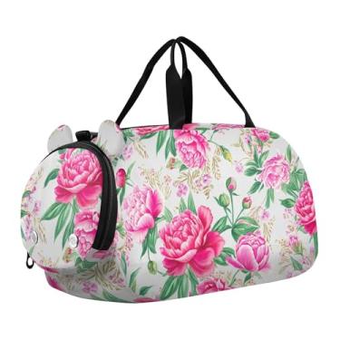Imagem de Bolsa esportiva para meninos com desenho animado colorido de gatos rosa vibrante durante a noite para meninas para viagem, academia, bagagem infantil, Peônias rosa floral vintage bege, Clássico