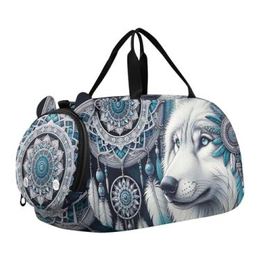 Imagem de Boho Paisley Flores Bege Bolsa esportiva para meninos fim de semana bolsa esportiva para meninas bolsa de viagem infantil mochila de ginástica, Lobo Apanhador de Sonhos, Clássico