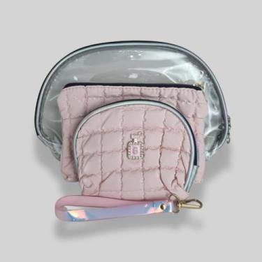 Imagem de Q Bela Manuela Kit 3 Necessaire 5, Rosa Acolchoado com Transparente, Conjunto de Bolsas Organizadoras com Detalhe de Perfume