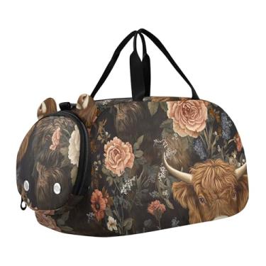 Imagem de Bolsa esportiva vibrante California Poppies para meninos durante a noite para o fim de semana e meninas para compartimento de sapatos de viagem, Vintage Highland Cows Roses Brown, Clássico