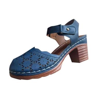 Imagem de Sandália feminina elegante casual versátil baotou oco primavera e verão salto grosso, Azul royal, 35