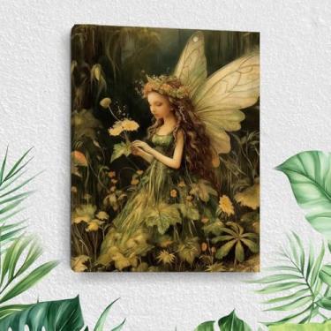 Imagem de Arte de parede em tela vintage de fada entre flores, pinturas de arte emolduradas retrô de elfos e flores, decoração de parede, imagens estéticas de casa de fazenda de floresta mágica para banheiro