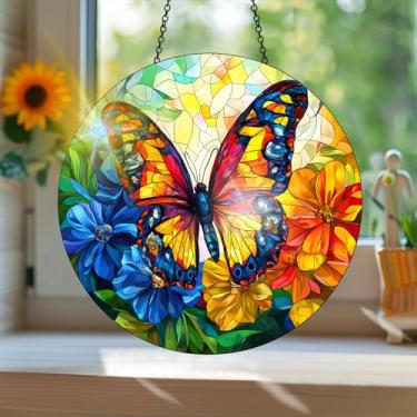 Imagem de Acrílico colorido apanhador de sol estilo vitral estampado animal borboleta com reflexos de arco-íris, decoração de janela pendurada arte de parede, ornamentos de primavera uso interno e externo 19,8