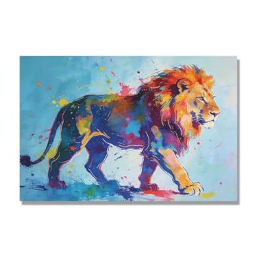 Imagem de NHLDZYH Respingo de tinta leão pintura em tela abstrata arte animal mural vívido chama a atenção para sala de estar decoração de casa moderna. A61. 70 x 105 cm. Apenas tela