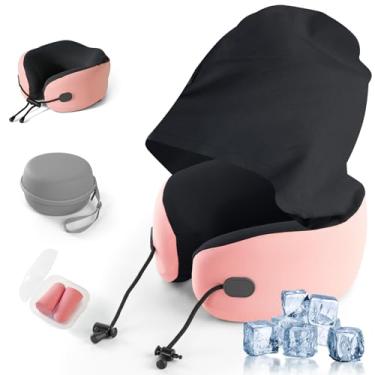 Imagem de Travesseiro de pescoço de viagem com capuz para avião, travesseiro de espuma viscoelástica de tecido refrescante para dormir, espuma viscoelástica com infusão de carbono, suporte de pescoço de 360°