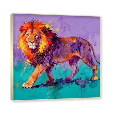 Imagem de NHLDZYH Moldura dourada. Pintura de leão colorida, impressão de arte abstrata vibrante, decoração de parede de animais selvagens e enérgicos, tela contemporânea moderna para quarto, academia, quarto