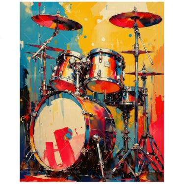 Imagem de Kit de pintura musical por números para adultos – conjunto de bateria colorida DIY em tela 40,6 x 50,8 cm, conjunto de tinta acrílica para iniciantes, arte artística de parede para decoração de casa