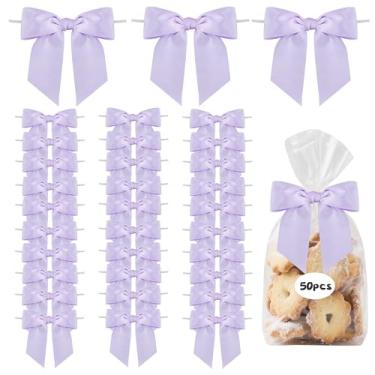 Imagem de TONIFUL 50 peças de laços de fita de cetim roxo claro, laços torcidos de 11,4 cm para embrulhar presentes, bolos, artesanato, garrafas, árvore de Natal, casamento, chá de bebê, decoração de festa de