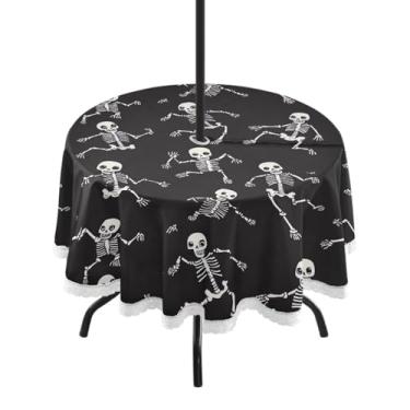 Imagem de Wassud Toalha de mesa redonda para uso ao ar livre com guarda-chuva, esqueletos dançantes, toalhas de mesa de 152 cm para aniversário, casa de fazenda, cozinha