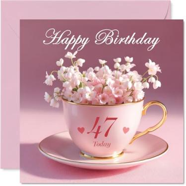 Imagem de Stuff4 Cartões de aniversário de 47 anos para mulheres - Copo de flores - Cartão de feliz aniversário para mulher de 47 anos, colega irmã prima vizinha, cartões comemorativos de aniversário de 14 cm