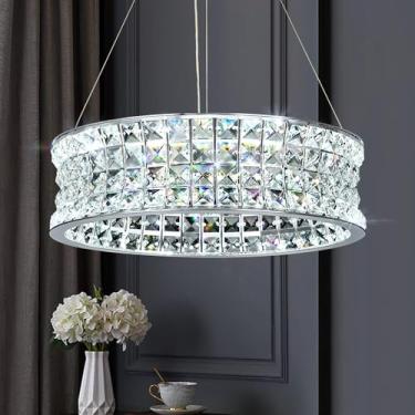 Imagem de AOOCHOK Lustre de cristal moderno para sala de jantar, luzes pendentes LED cromadas, lâmpada suspensa de cristal redonda para sala de jantar, corredor, varanda, ilha de cozinha, Φ40 cm