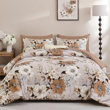 Imagem de Xruibed Conjunto de edredom floral marrom, tamanho king, 7 peças, cama em uma bolsa, boêmio, com lençol, fronhas, fronhas de microfibra macia para todas as estações (King 264 x 224 cm)