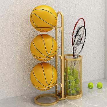 Imagem de Suporte de basquete, armazenamento em pé, com cesta, suporte de exibição vertical para armazenamento de bolas, adequado para academia, ouro - 3 níveis