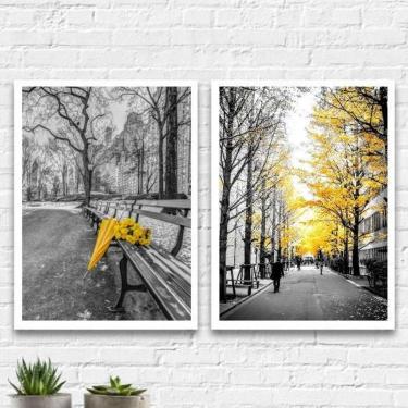 Imagem de Kit 2 Quadros Cidades Flores Amarelas 24X18Cm Madeira Branca