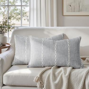 Imagem de HOMEIDEAS Farmhouse Capas de almofada decorativas 50 x 30 cm, conjunto com 2, capas de almofada listradas cinza, capas de almofada de linho falso para sofá, cama, decoração de casa