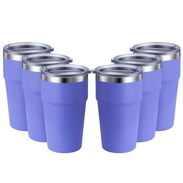 Imagem de MEWAY Caneca de viagem isolada a vácuo de parede dupla de 473 ml, copos de aço inoxidável com tampa, copos de café revestidos em pó para bebidas frias e quentes (roxo, pacote com 6)