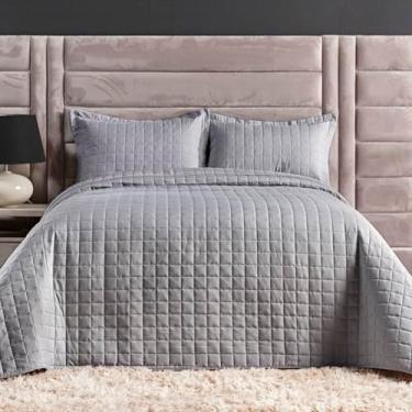 Imagem de Kit Colcha Bouti Cobre Leito Casal Tecido Estampado Dupla Face 03 Peças - Fronhas Aba Americana - Matelado (2,10m x 2,40m) (CINZA COB02)
