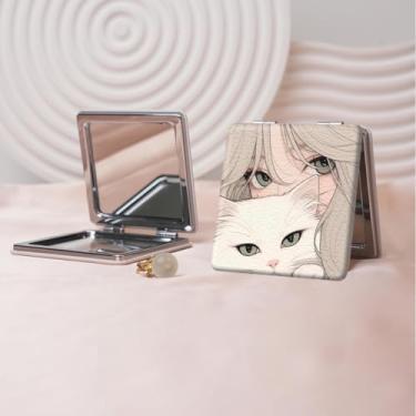 Imagem de Espelho de maquiagem portátil estilo anime de desenho animado, mini espelho de maquiagem portátil dobrável, espelho de contorno quadrado portátil, adequado para mulheres usarem em várias ocasiões