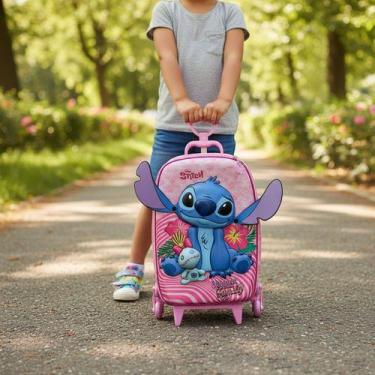 Imagem de Mala Mochila Infantil Stitch 3d Com Rodinhas Escolar Relevo Rosa Stitc