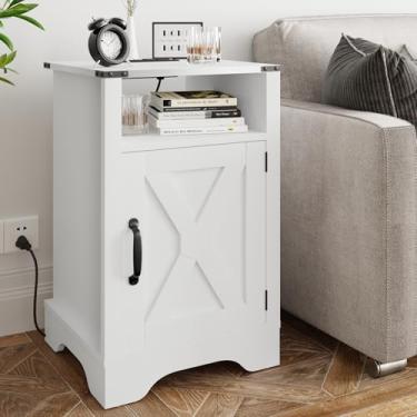 Imagem de RoyalCraft Mesa de cabeceira alta com estação de carregamento, mesa de canto branca com armazenamento, mesa de cabeceira rústica grande de madeira para quarto, escritório em casa