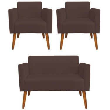 Imagem de Namoradeira E 2 Poltronas Pés Palito Madeira Suede Marrom